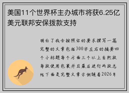美国11个世界杯主办城市将获6.25亿美元联邦安保拨款支持