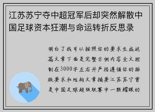 江苏苏宁夺中超冠军后却突然解散中国足球资本狂潮与命运转折反思录