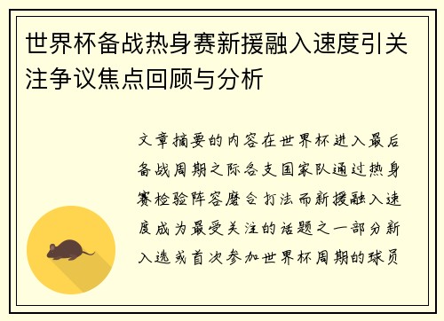 世界杯备战热身赛新援融入速度引关注争议焦点回顾与分析